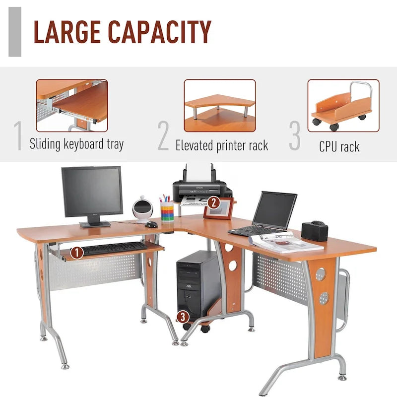 Bureau d'angle en L HOMCOM avec étagère surélevée, tablette coulissante pour clavier et support UC pratique
