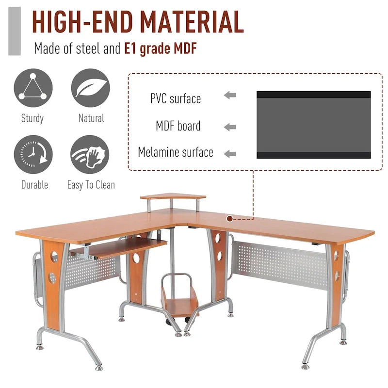 Bureau d'angle en L HOMCOM avec étagère surélevée, tablette coulissante pour clavier et support UC pratique