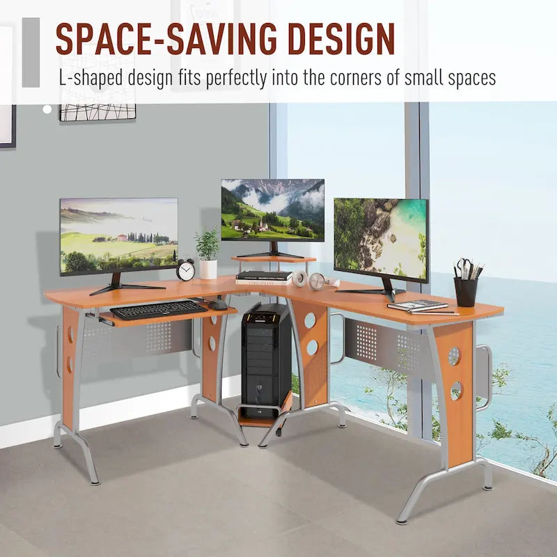 Bureau d'angle en L HOMCOM avec étagère surélevée, tablette coulissante pour clavier et support UC pratique