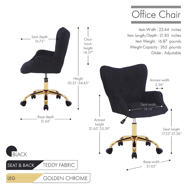 Porthos Home Tyra - Chaise de bureau pivotante en tissu Teddy, pieds en chrome doré
