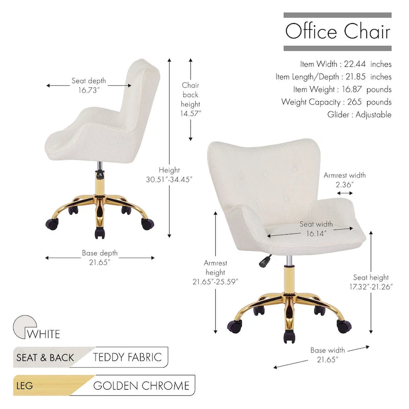 Porthos Home Tyra - Chaise de bureau pivotante en tissu Teddy, pieds en chrome doré