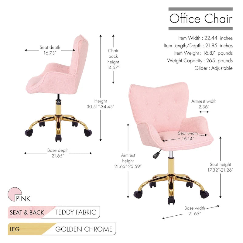 Porthos Home Tyra - Chaise de bureau pivotante en tissu Teddy, pieds en chrome doré