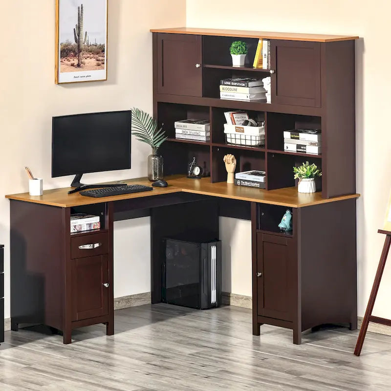 Bureau d'angle en L HOMCOM avec huche, poste de travail de bureau à domicile