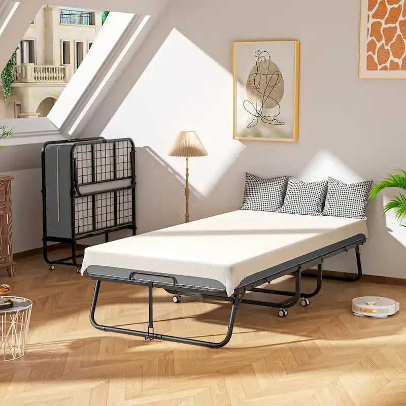 Lit d'appoint pliant roulant 75x31, taille jumeau avec matelas de 5