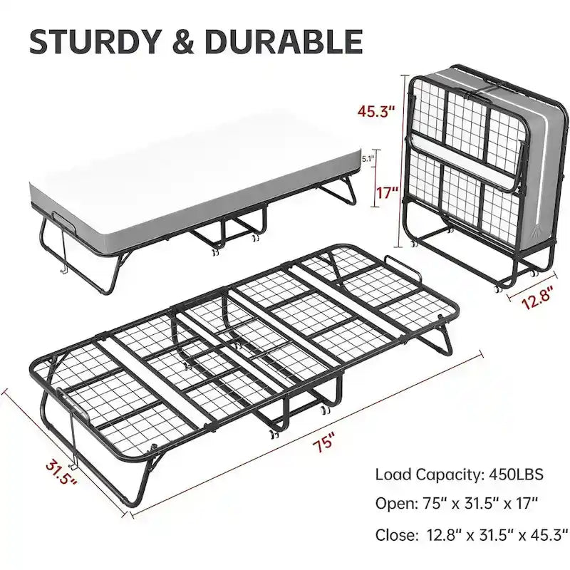 Lit d'appoint pliant roulant 75x31, taille jumeau avec matelas de 5