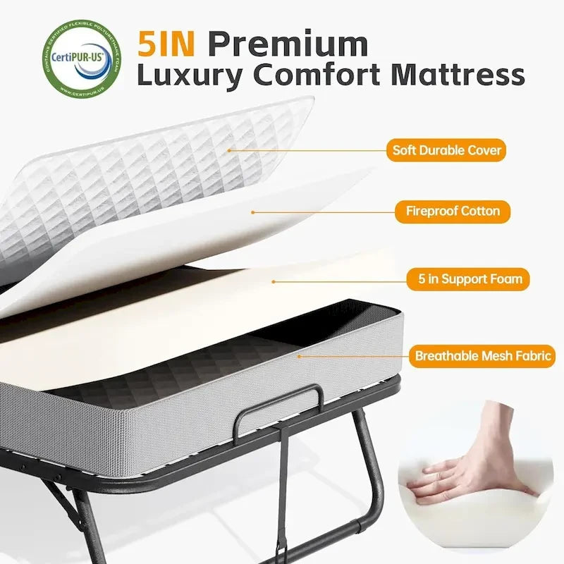 Lit d'appoint pliant roulant 75x31, taille jumeau avec matelas de 5