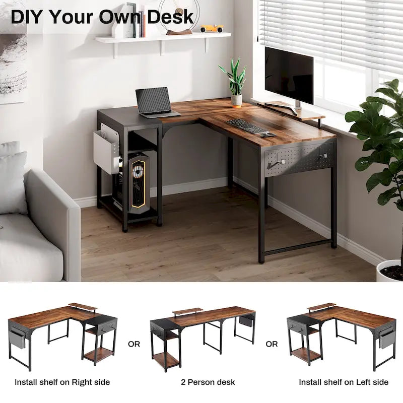 Bureau informatique en forme de L de 60 po avec support d'écran et étagère de rangement pour bureau à domicile