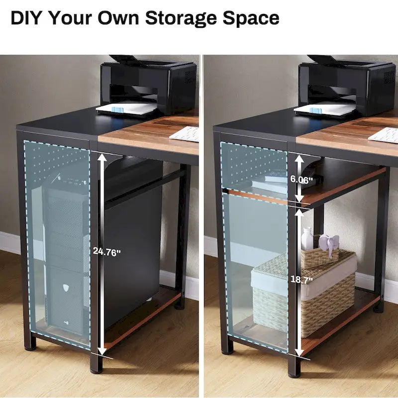 Bureau informatique en forme de L de 60 po avec support d'écran et étagère de rangement pour bureau à domicile