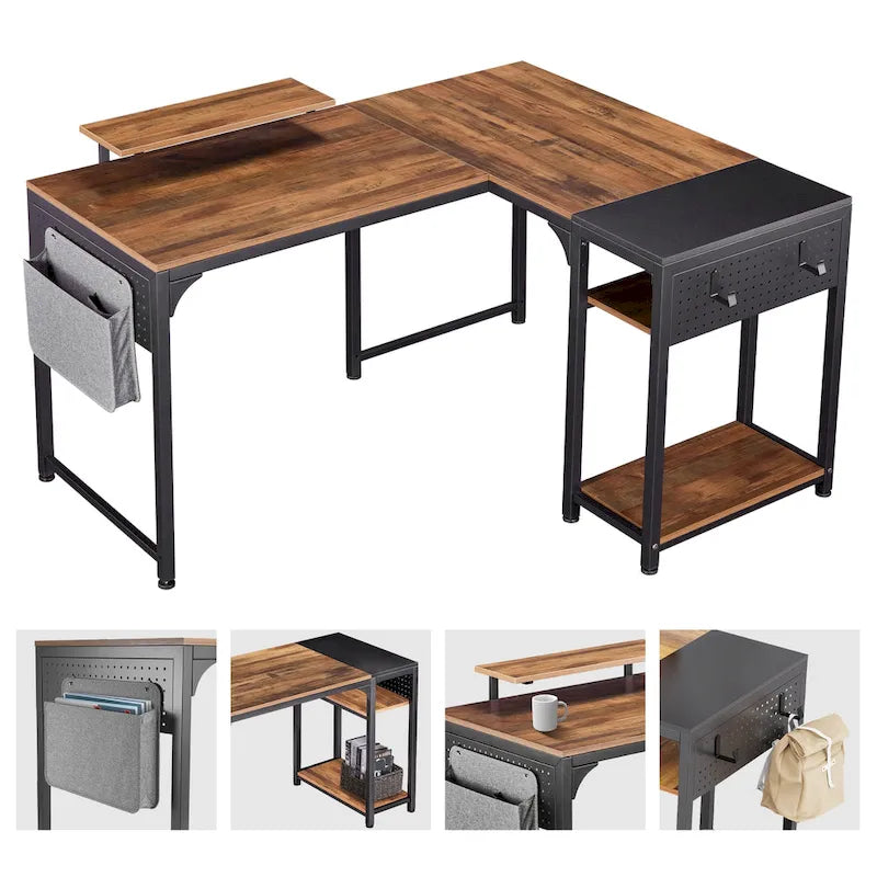 Bureau informatique en forme de L de 60 po avec support d'écran et étagère de rangement pour bureau à domicile
