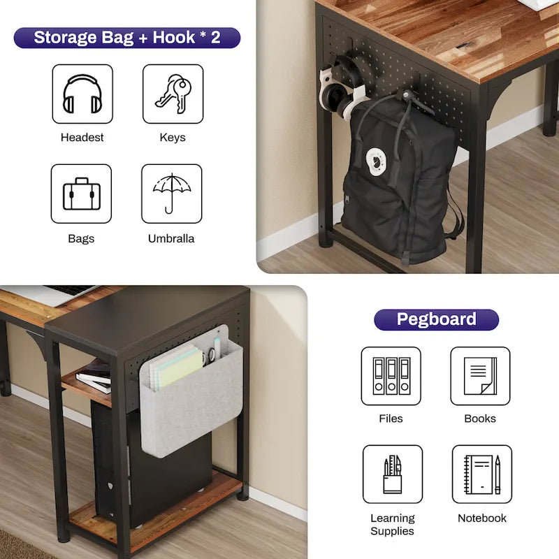 Bureau informatique en forme de L de 60 po avec support d'écran et étagère de rangement pour bureau à domicile
