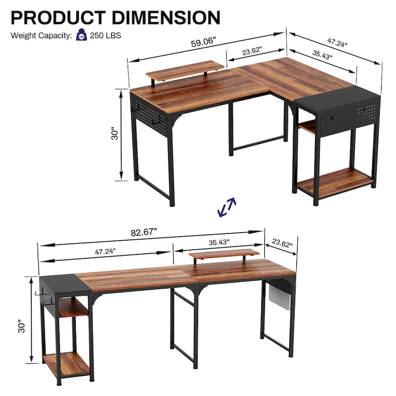 Bureau informatique en forme de L de 60 po avec support d'écran et étagère de rangement pour bureau à domicile