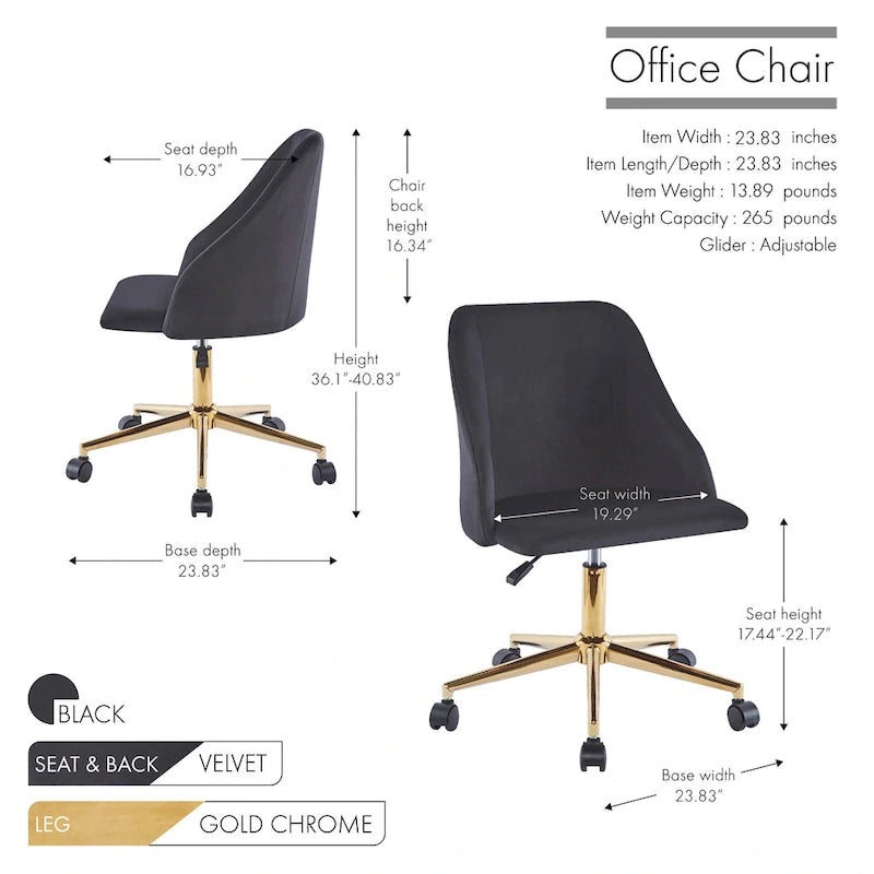 Chaise de bureau pivotante Porthos Home Ryo, velours, pieds chromés dorés