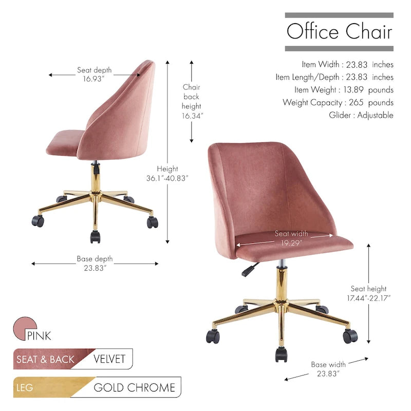 Chaise de bureau pivotante Porthos Home Ryo, velours, pieds chromés dorés