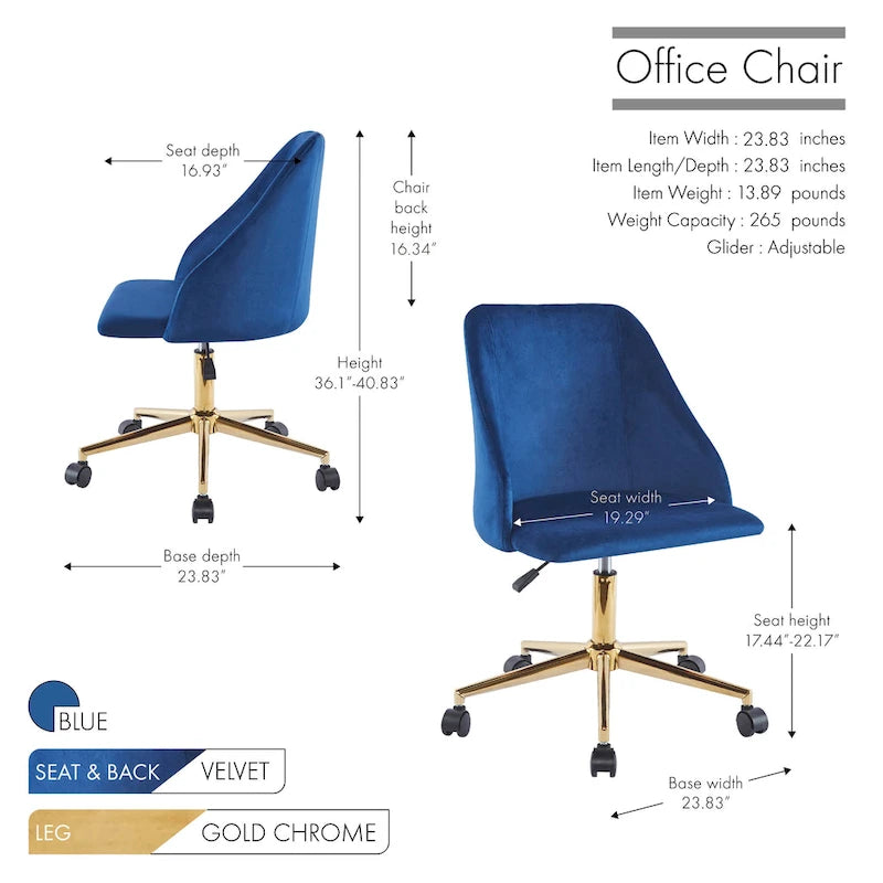 Chaise de bureau pivotante Porthos Home Ryo, velours, pieds chromés dorés