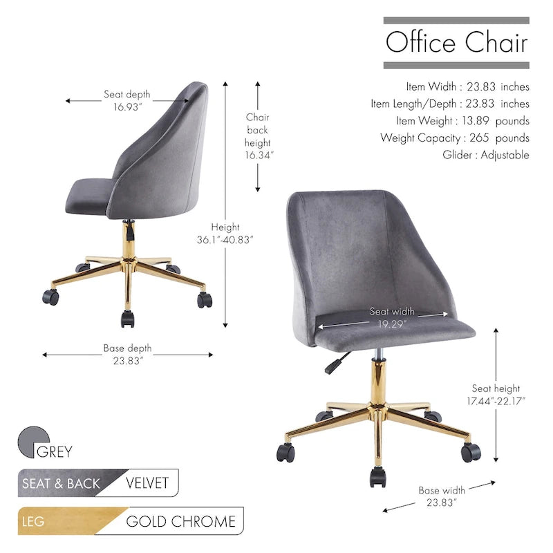 Chaise de bureau pivotante Porthos Home Ryo, velours, pieds chromés dorés
