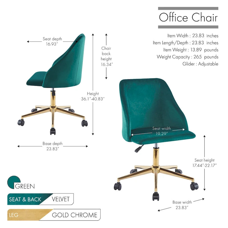 Chaise de bureau pivotante Porthos Home Ryo, velours, pieds chromés dorés