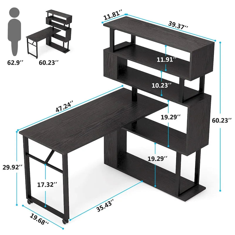 Bureau en L réversible avec étagères de rangement pour bureau à domicile