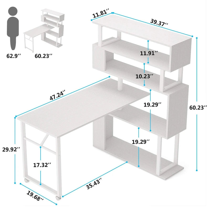 Bureau en L réversible avec étagères de rangement pour bureau à domicile