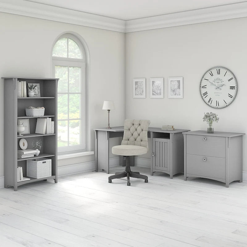 Bureau d'angle Salinas 55W avec classeur latéral et bibliothèque 5 étagères