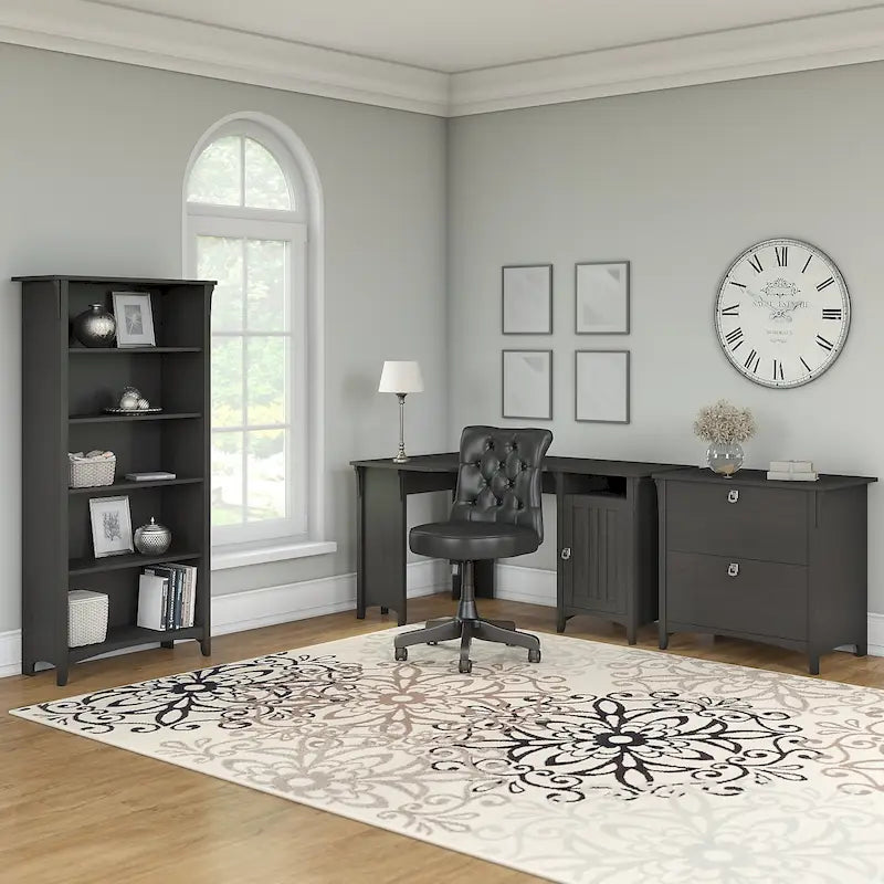 Bureau d'angle Salinas 55W avec classeur latéral et bibliothèque 5 étagères