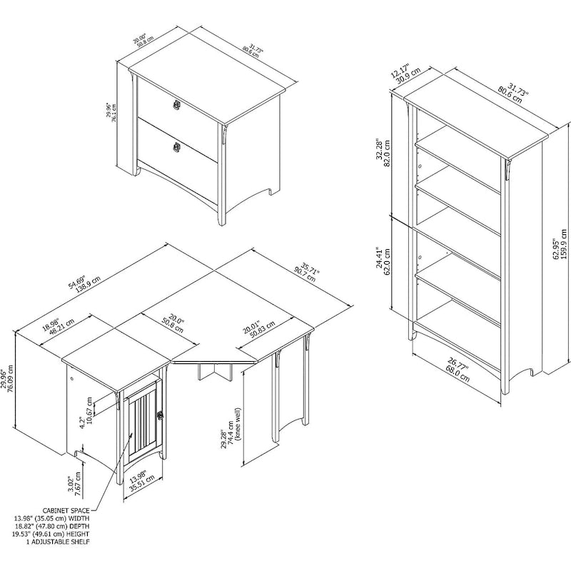 Bureau d'angle Salinas 55W avec classeur latéral et bibliothèque 5 étagères