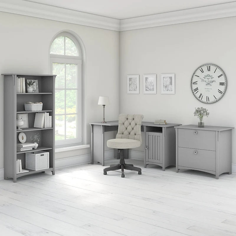 Bureau d'angle Salinas 55W avec classeur latéral et bibliothèque 5 étagères