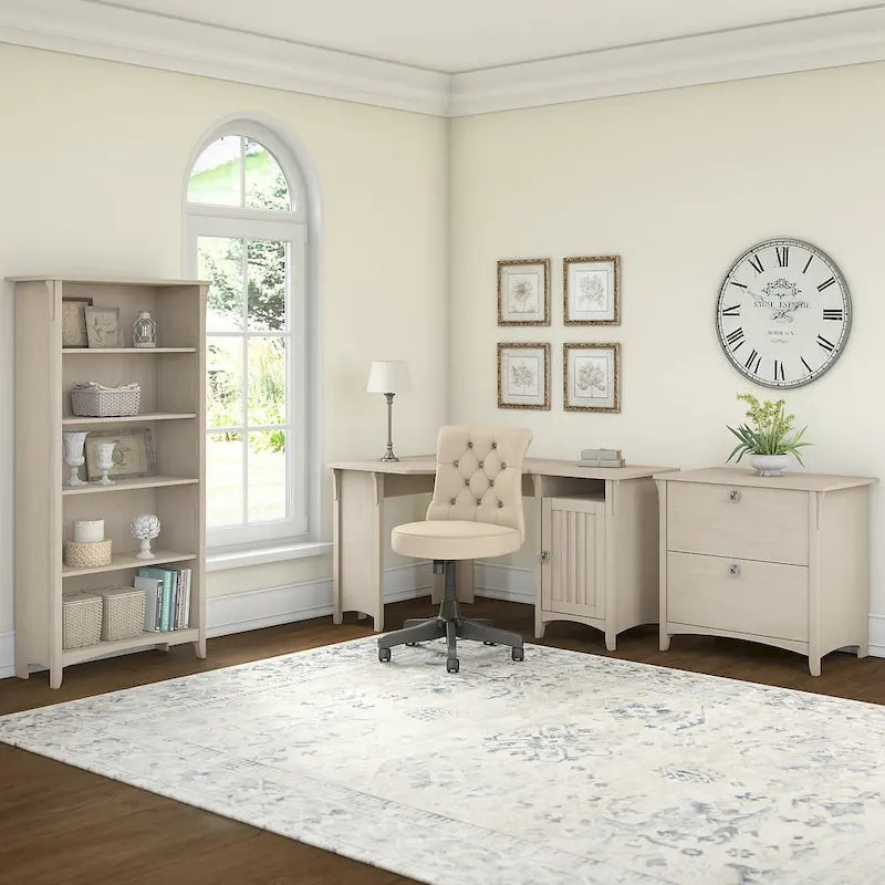 Bureau d'angle Salinas 55W avec classeur latéral et bibliothèque 5 étagères
