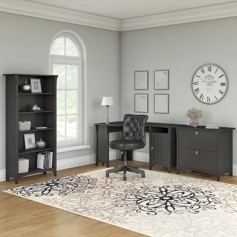 Bureau d'angle Salinas 55W avec classeur latéral et bibliothèque 5 étagères