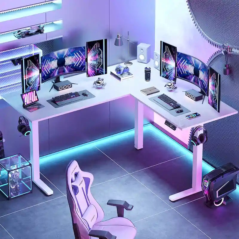 63 L Shaped Standing Desk Corner Desk LED Gaming Desk with Ergonomic Monitor Stand