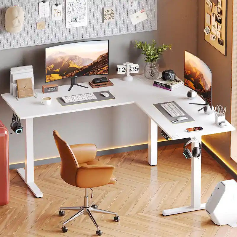 Bureau d'angle en forme de L de 63 pouces avec LED, pour le jeu, avec support de moniteur ergonomique