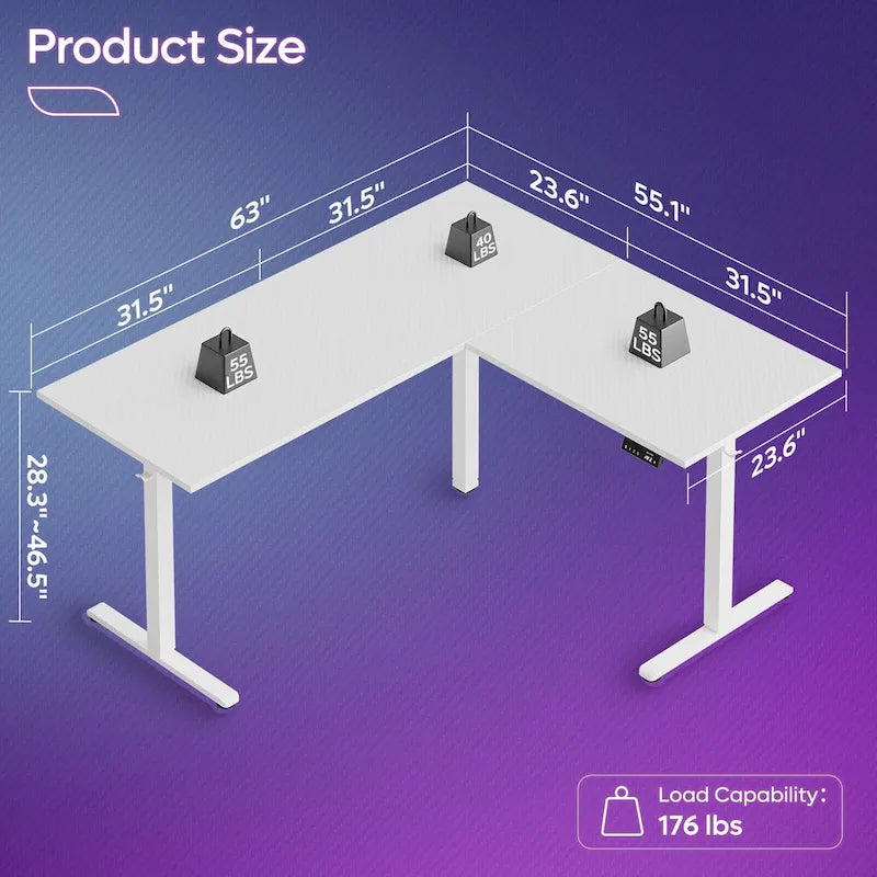 Bureau d'angle en forme de L de 63 pouces avec LED, pour le jeu, avec support de moniteur ergonomique
