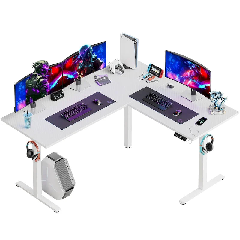 Bureau d'angle en forme de L de 63 pouces avec LED, pour le jeu, avec support de moniteur ergonomique