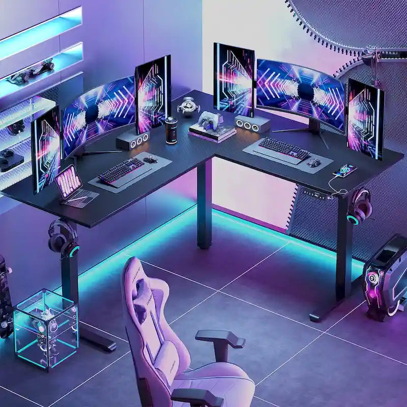 Bureau d'angle en forme de L de 63 pouces avec LED, pour le jeu, avec support de moniteur ergonomique
