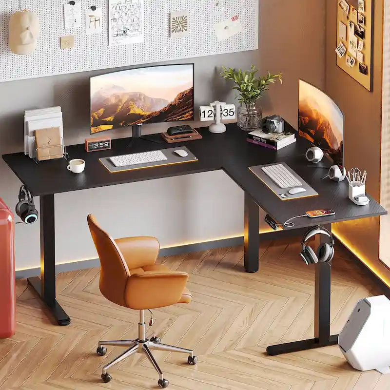 Bureau d'angle en forme de L de 63 pouces avec LED, pour le jeu, avec support de moniteur ergonomique