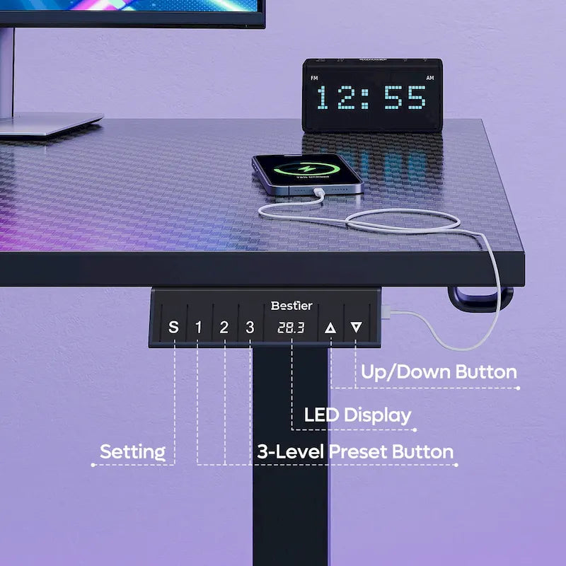 Bureau d'angle en forme de L de 63 pouces avec LED, pour le jeu, avec support de moniteur ergonomique