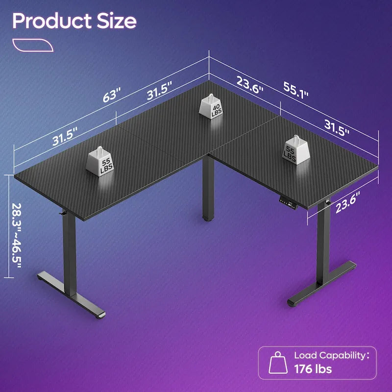 Bureau d'angle en forme de L de 63 pouces avec LED, pour le jeu, avec support de moniteur ergonomique