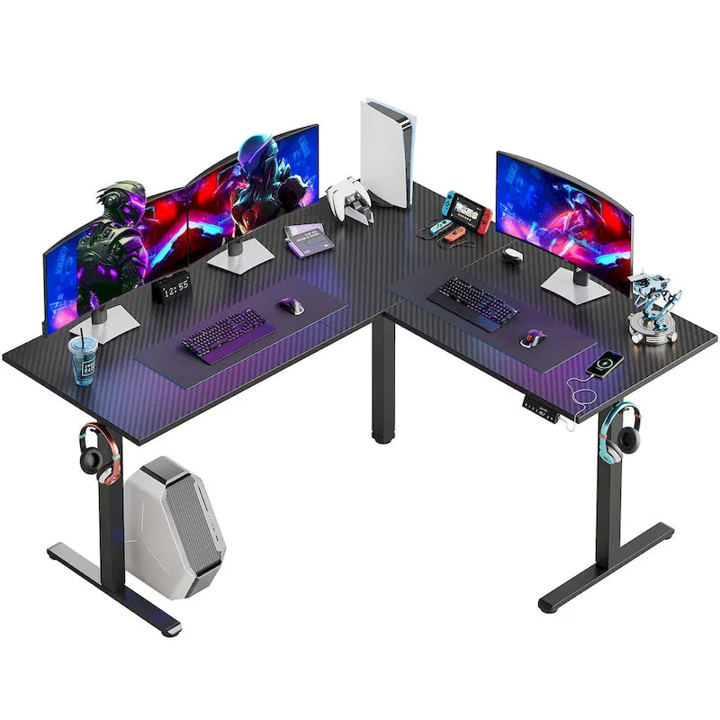 Bureau d'angle en forme de L de 63 pouces avec LED, pour le jeu, avec support de moniteur ergonomique