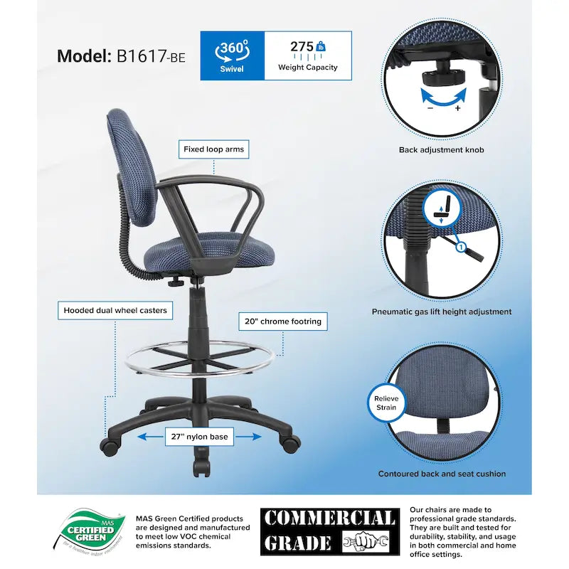 Chaise de bureau Boss réglable noire à accoudoirs bouclés avec roulettes