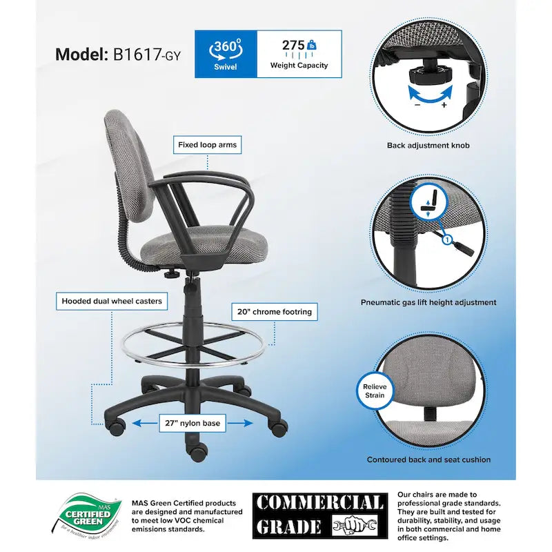 Chaise de bureau Boss réglable noire à accoudoirs bouclés avec roulettes