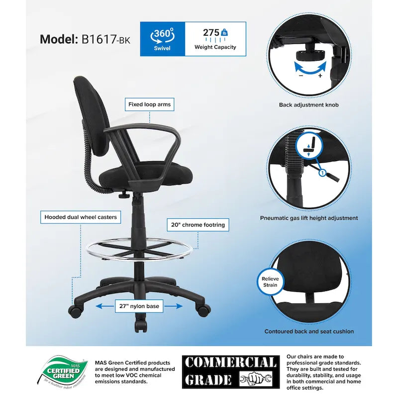 Chaise de bureau Boss réglable noire à accoudoirs bouclés avec roulettes