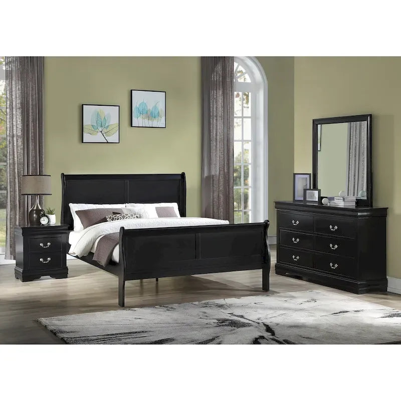 Chambre à coucher Lillie 6 pièces en bois noir avec lit traîneau