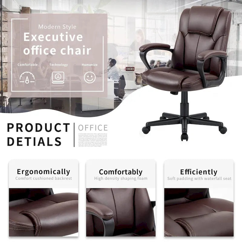 Chaise de bureau Homall Executive marron en cuir PU épais et rembourré, ergonomique, dossier mi-haut, pour bureau et usage commercial