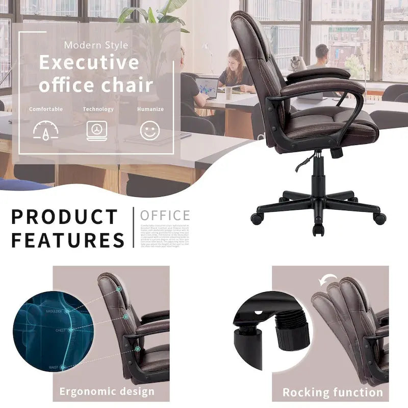 Chaise de bureau Homall Executive marron en cuir PU épais et rembourré, ergonomique, dossier mi-haut, pour bureau et usage commercial