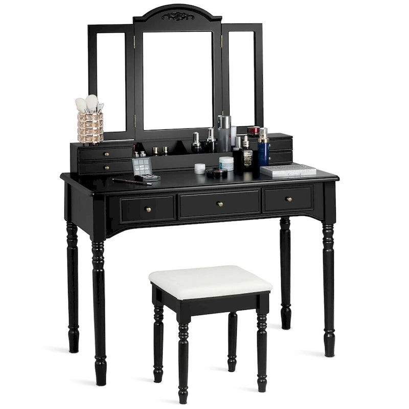 Ensemble table de toilette avec miroir triptyque et tabouret