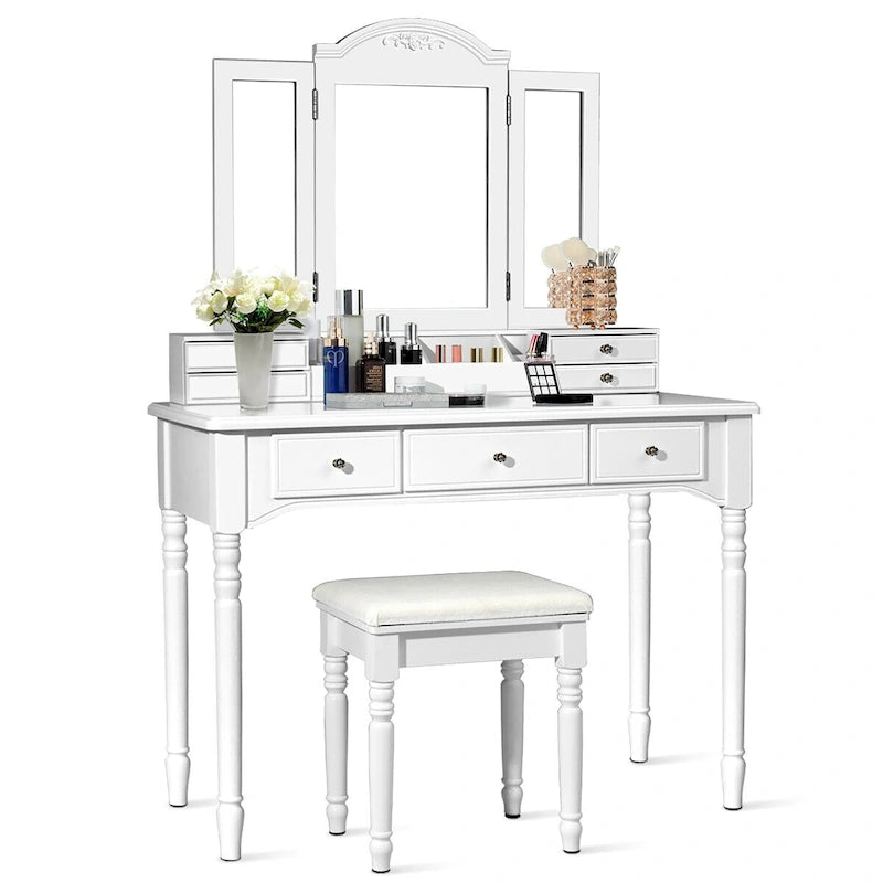 Ensemble table de toilette avec miroir triptyque et tabouret