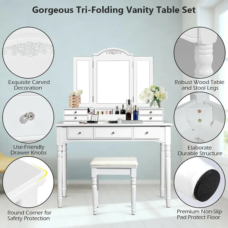 Ensemble table de toilette avec miroir triptyque et tabouret