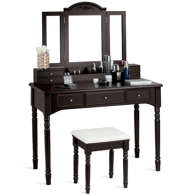 Ensemble table de toilette avec miroir triptyque et tabouret