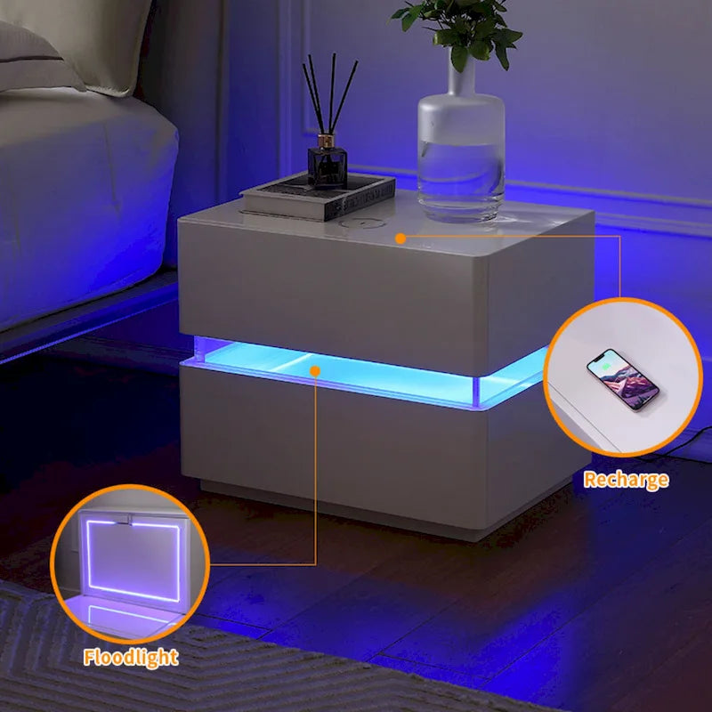 Table de chevet intelligente LED 17,72 H avec station de charge et tiroir pour chambre à coucher en noir/blanc/crème