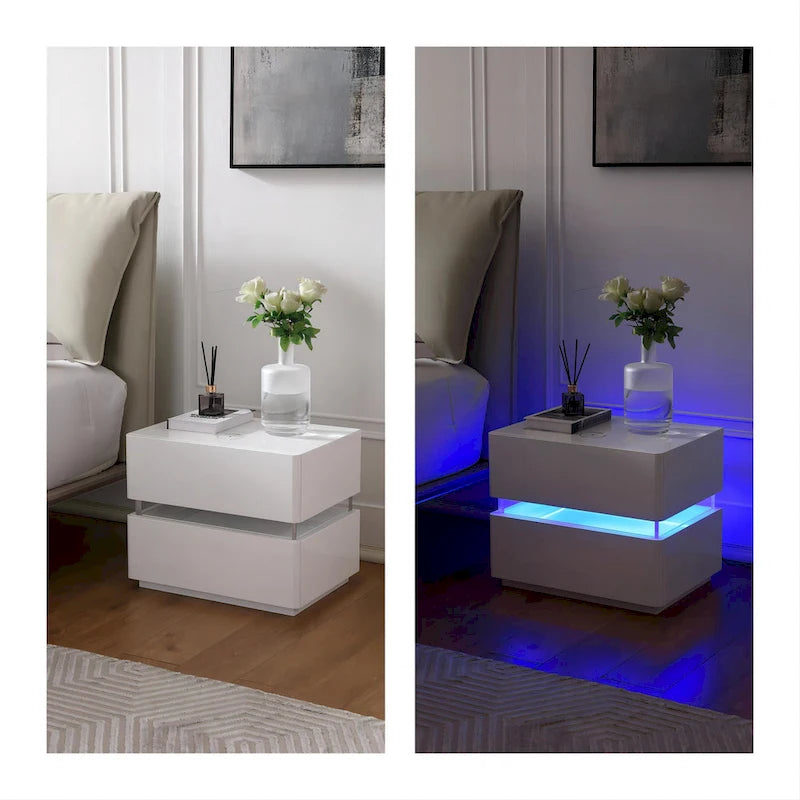 Table de chevet intelligente LED 17,72 H avec station de charge et tiroir pour chambre à coucher en noir/blanc/crème
