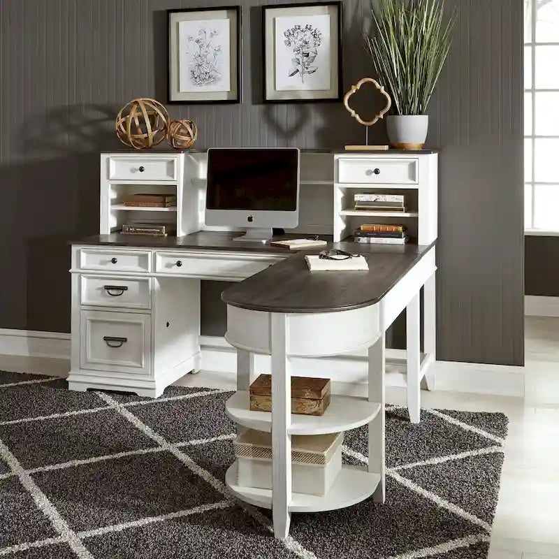 Bureau en L Allyson Park blanc brossé et anthracite